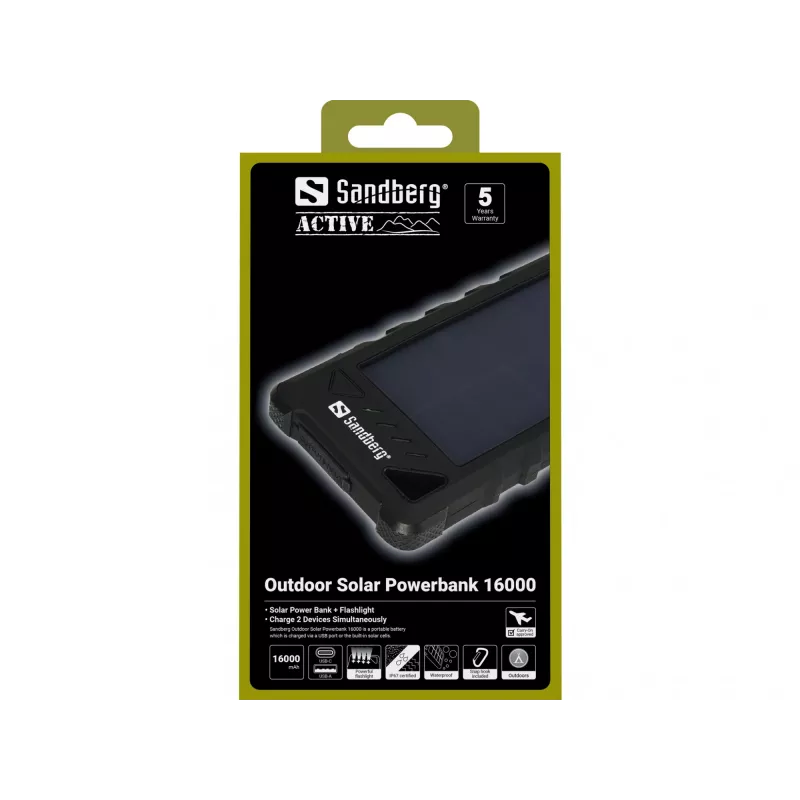 Sandberg Outdoor Solar Powerbank 16000, 16000 mAh, Lithium-Ionen (Li-Ion), Schwarz