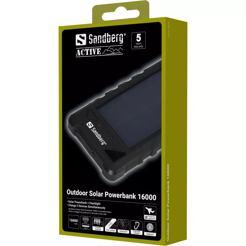 Sandberg Outdoor Solar Powerbank 16000, 16000 mAh, Lithium-Ionen (Li-Ion), Schwarz