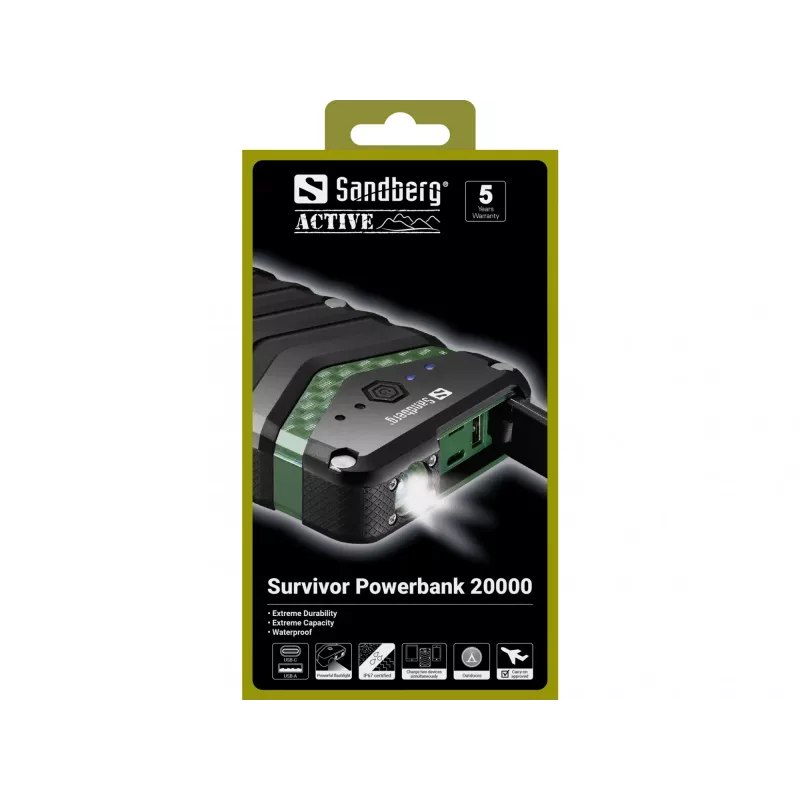 Sandberg Survivor Powerbank 20000, 20000 mAh, Lithium-Ionen (Li-Ion), Schwarz, Grün
