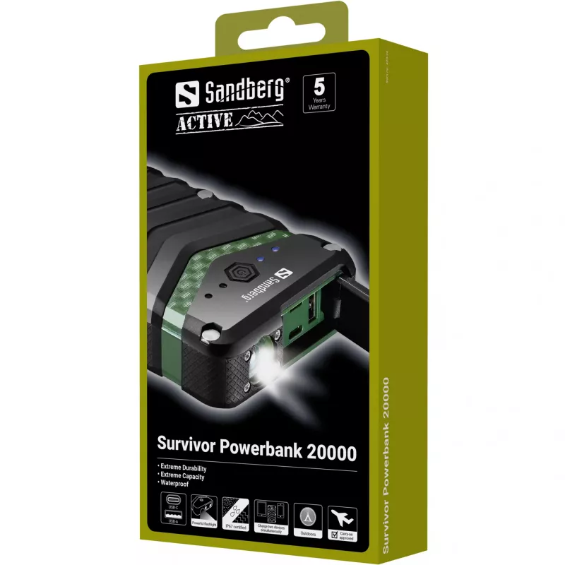 Sandberg Survivor Powerbank 20000, 20000 mAh, Lithium-Ionen (Li-Ion), Schwarz, Grün
