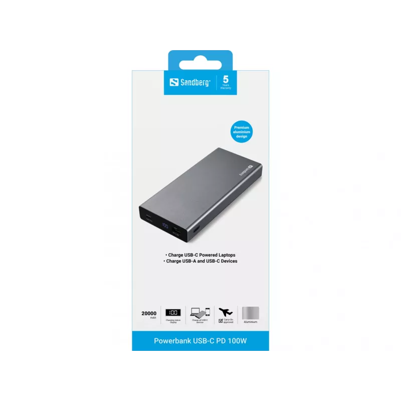 Sandberg Powerbank USB-C PD 100W 20000, 20000 mAh, Lithium-Ion (Li-Ion), Quick Charge 3.0, 100 W, Grau