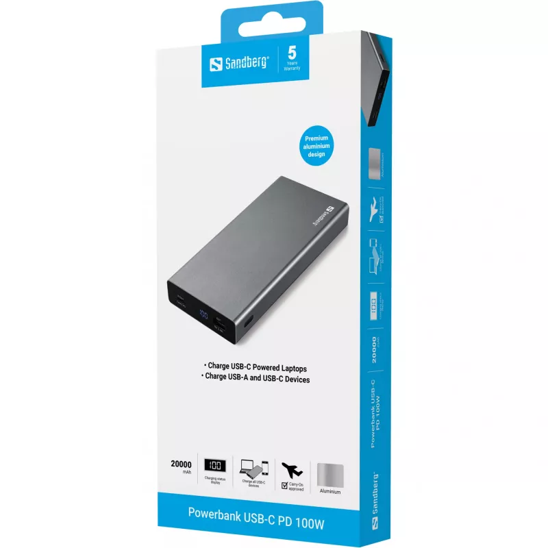 Sandberg Powerbank USB-C PD 100W 20000, 20000 mAh, Lithium-Ion (Li-Ion), Quick Charge 3.0, 100 W, Grau