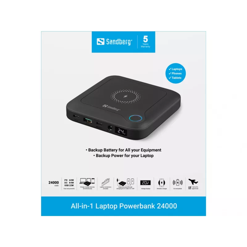 Sandberg All-in1 Laptop Powerbank 24000, 24000 mAh, Quick Charge 2.0, Kabelloses Laden, Schwarz
