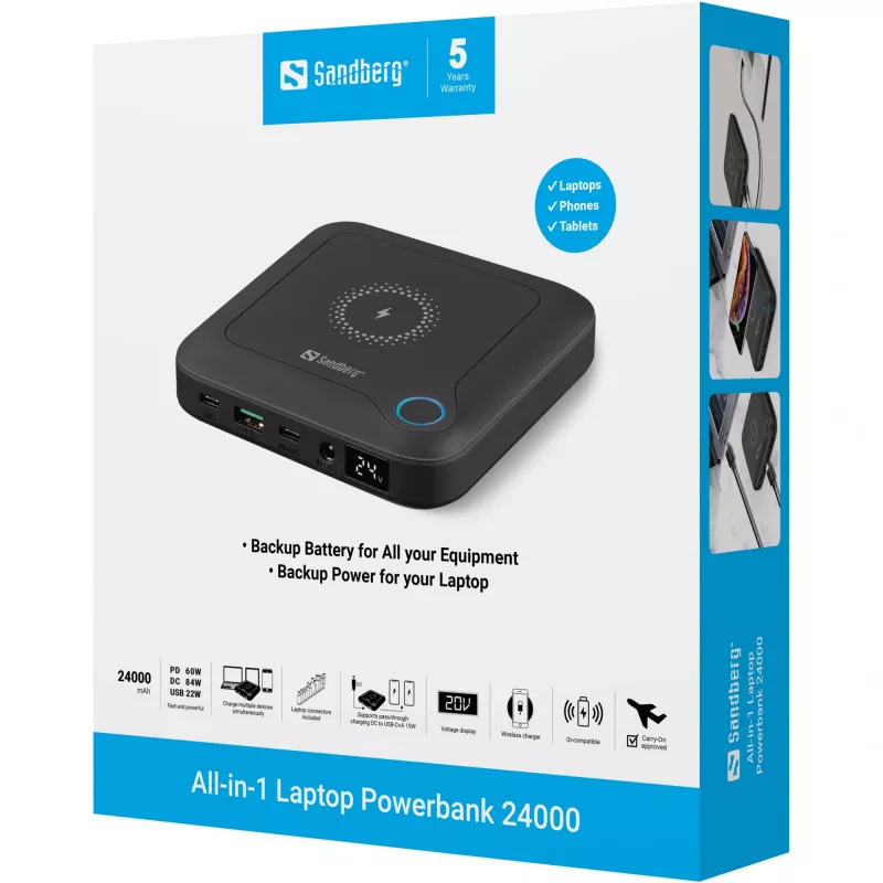 Sandberg All-in1 Laptop Powerbank 24000, 24000 mAh, Quick Charge 2.0, Kabelloses Laden, Schwarz