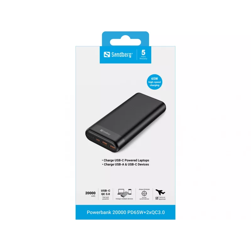 Sandberg Powerbank 20000 PD65W+2xQC3.0, 20000 mAh, Lithium-Ion (Li-Ion), Quick Charge 3.0, 65 W, Schwarz