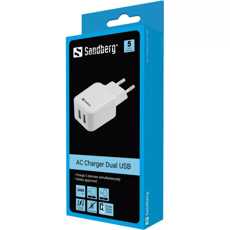 Sandberg AC Charger Dual USB 2.4+1A EU, Innenbereich, AC, USB, 5 V, Schwarz, Weiß