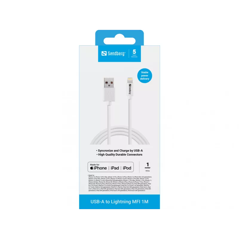 Sandberg USB-A auf Lightning MFI 1M, 1 m, Lightning, USB A, Weiß, Gerade, Gerade