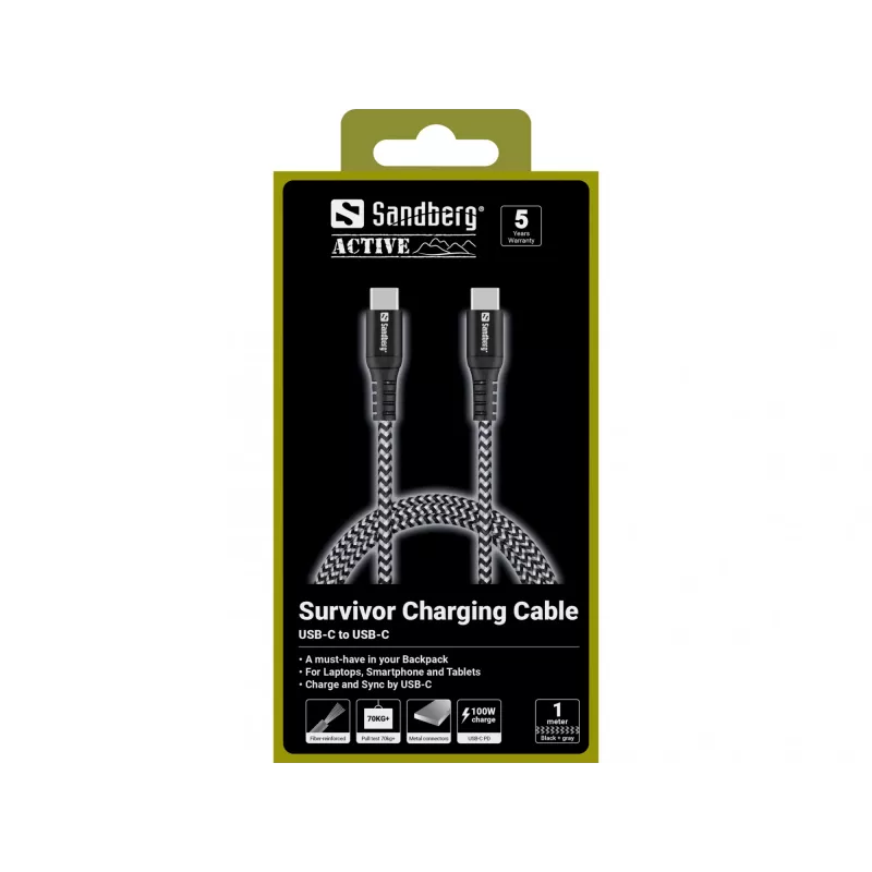 Sandberg Survivor USB-C-Kabel 1M 100W, 1 m, USB C, USB C, USB 2.0, Schwarz, Grau