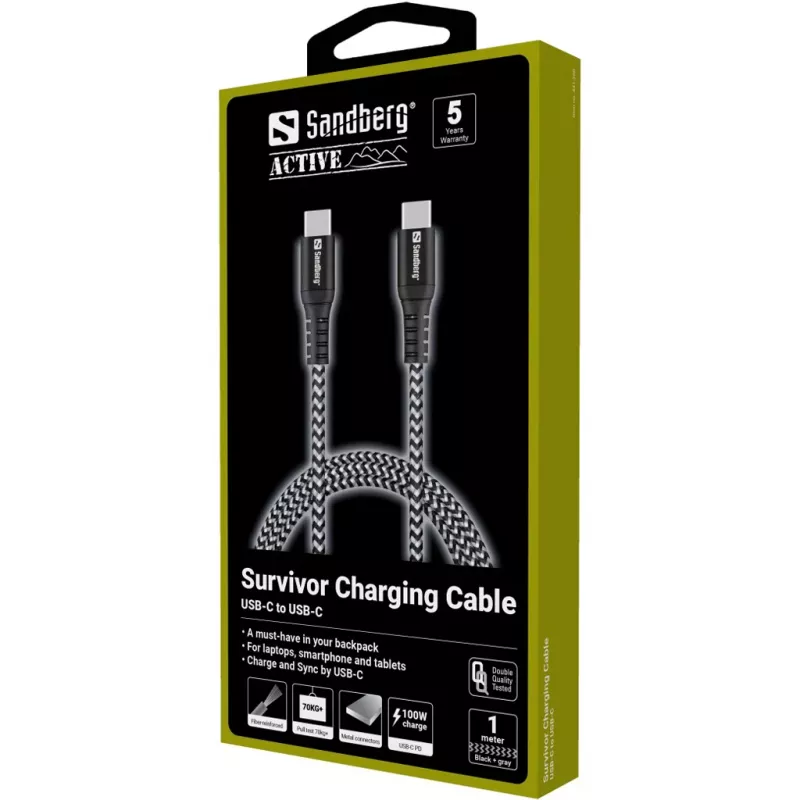 Sandberg Survivor USB-C-Kabel 1M 100W, 1 m, USB C, USB C, USB 2.0, Schwarz, Grau