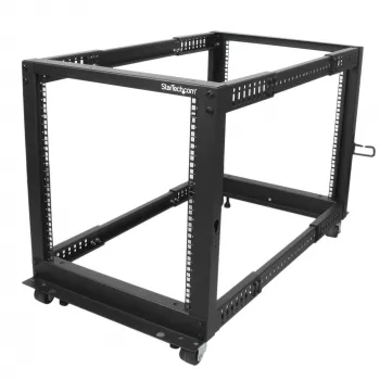 StarTech.com 4-Pfosten 12U Mobiler Open-Frame Server-Rack, Vier-Pfosten 19 Zoll Netzwerk-Rack mit Rädern, Rollbares Rack mit einstellbarer Tiefe für Computer/AV/Daten/IT-Ausrüstung – Rollen, Nivellierfüße oder Bodenmontage