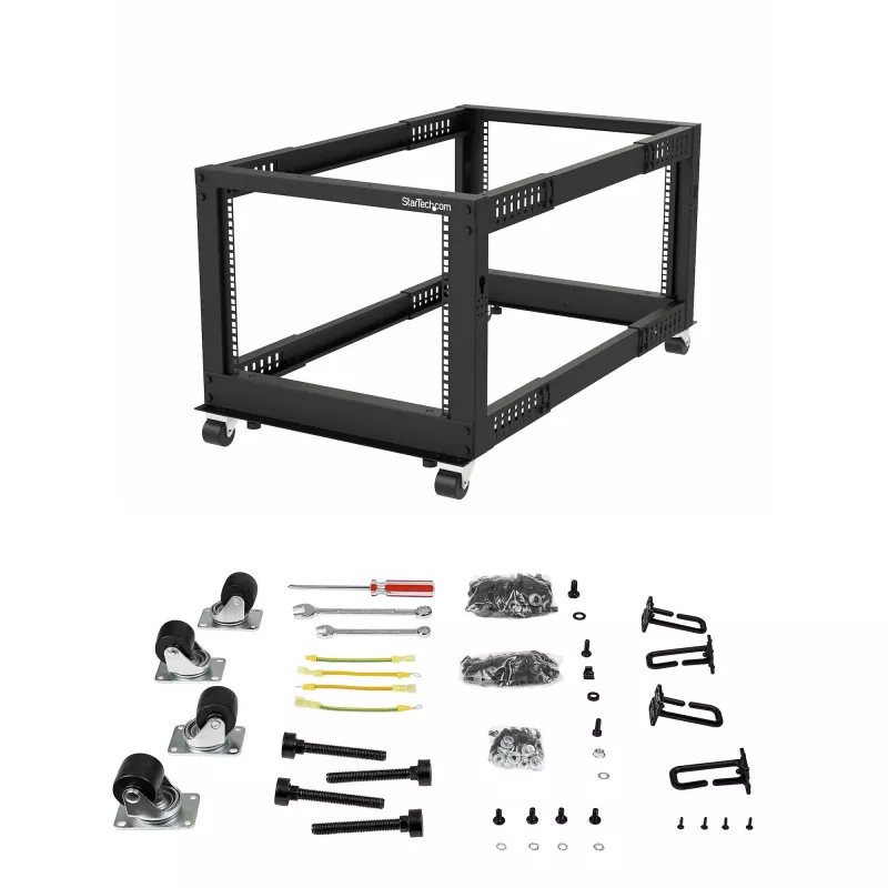 StarTech.com 4-Pfosten 12U Mobiler Open-Frame Server-Rack, Vier-Pfosten 19 Zoll Netzwerk-Rack mit Rädern, Rollbares Rack mit einstellbarer Tiefe für Computer/AV/Daten/IT-Ausrüstung – Rollen, Nivellierfüße oder Bodenmontage