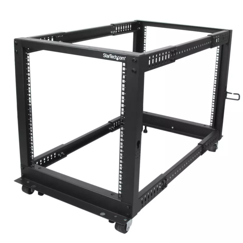StarTech.com 4-Pfosten 12U Mobiler Open-Frame Server-Rack, Vier-Pfosten 19 Zoll Netzwerk-Rack mit Rädern, Rollbares Rack mit einstellbarer Tiefe für Computer/AV/Daten/IT-Ausrüstung – Rollen, Nivellierfüße oder Bodenmontage