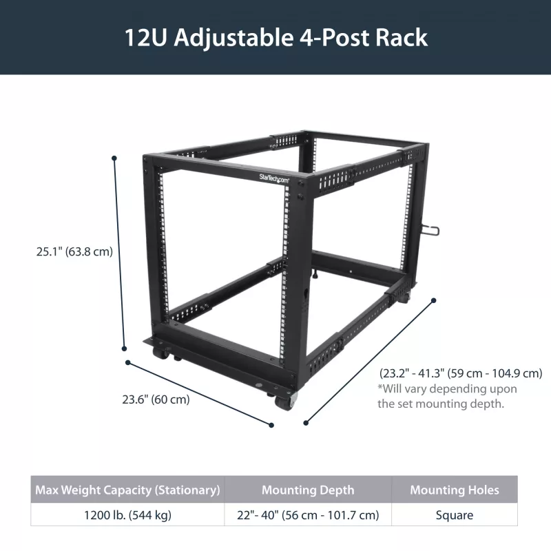 StarTech.com 4-Pfosten 12U Mobiler Open-Frame Server-Rack, Vier-Pfosten 19 Zoll Netzwerk-Rack mit Rädern, Rollbares Rack mit einstellbarer Tiefe für Computer/AV/Daten/IT-Ausrüstung – Rollen, Nivellierfüße oder Bodenmontage