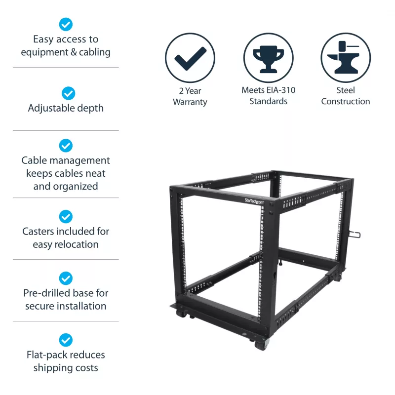 StarTech.com 4-Pfosten 12U Mobiler Open-Frame Server-Rack, Vier-Pfosten 19 Zoll Netzwerk-Rack mit Rädern, Rollbares Rack mit einstellbarer Tiefe für Computer/AV/Daten/IT-Ausrüstung – Rollen, Nivellierfüße oder Bodenmontage