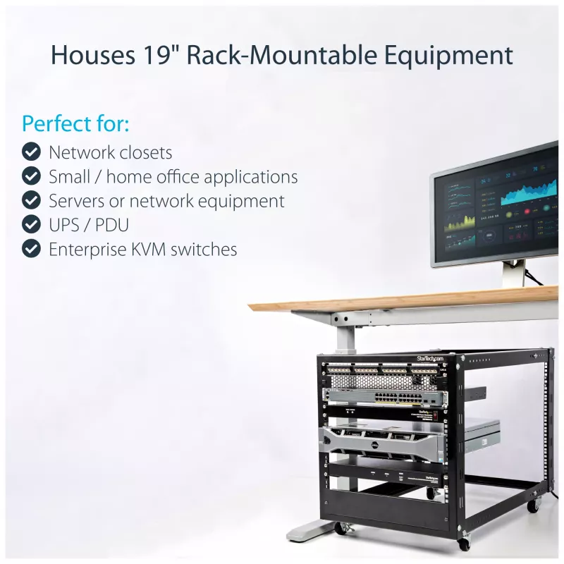 StarTech.com 4-Pfosten 12U Mobiler Open-Frame Server-Rack, Vier-Pfosten 19 Zoll Netzwerk-Rack mit Rädern, Rollbares Rack mit einstellbarer Tiefe für Computer/AV/Daten/IT-Ausrüstung – Rollen, Nivellierfüße oder Bodenmontage