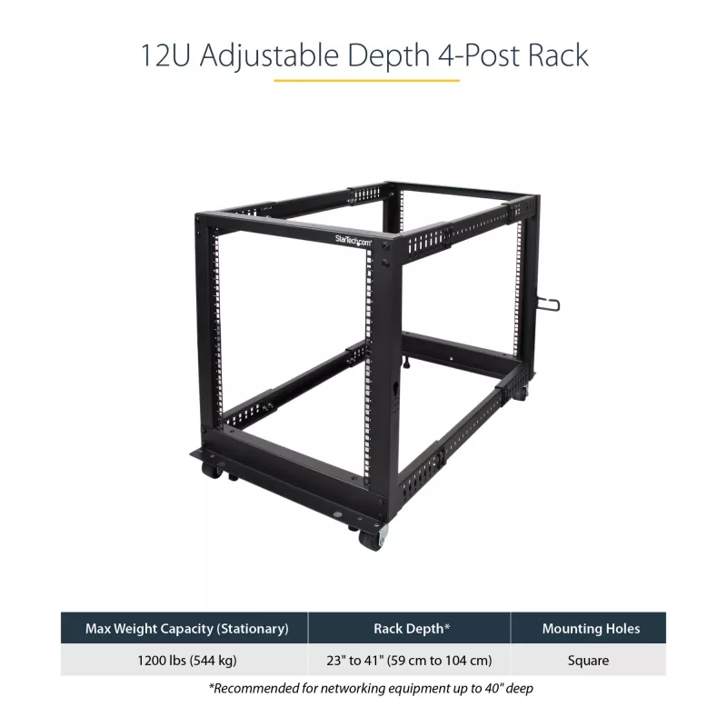 StarTech.com 4-Pfosten 12U Mobiler Open-Frame Server-Rack, Vier-Pfosten 19 Zoll Netzwerk-Rack mit Rädern, Rollbares Rack mit einstellbarer Tiefe für Computer/AV/Daten/IT-Ausrüstung – Rollen, Nivellierfüße oder Bodenmontage