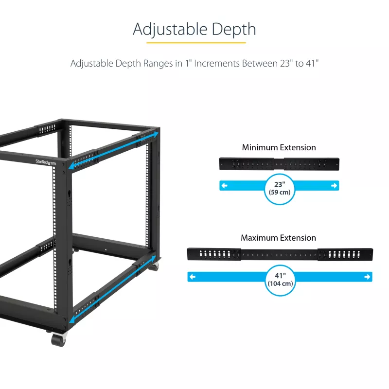StarTech.com 4-Pfosten 12U Mobiler Open-Frame Server-Rack, Vier-Pfosten 19 Zoll Netzwerk-Rack mit Rädern, Rollbares Rack mit einstellbarer Tiefe für Computer/AV/Daten/IT-Ausrüstung – Rollen, Nivellierfüße oder Bodenmontage