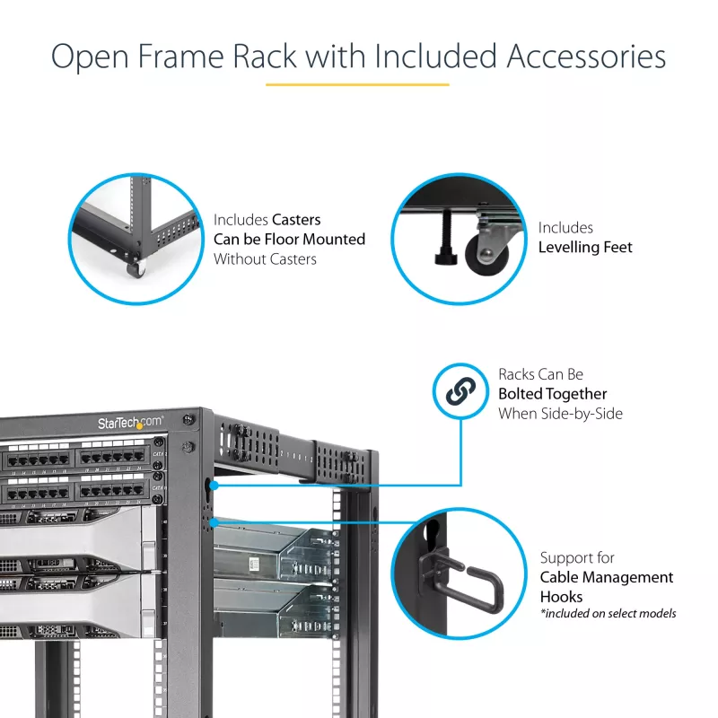 StarTech.com 4-Pfosten 12U Mobiler Open-Frame Server-Rack, Vier-Pfosten 19 Zoll Netzwerk-Rack mit Rädern, Rollbares Rack mit einstellbarer Tiefe für Computer/AV/Daten/IT-Ausrüstung – Rollen, Nivellierfüße oder Bodenmontage
