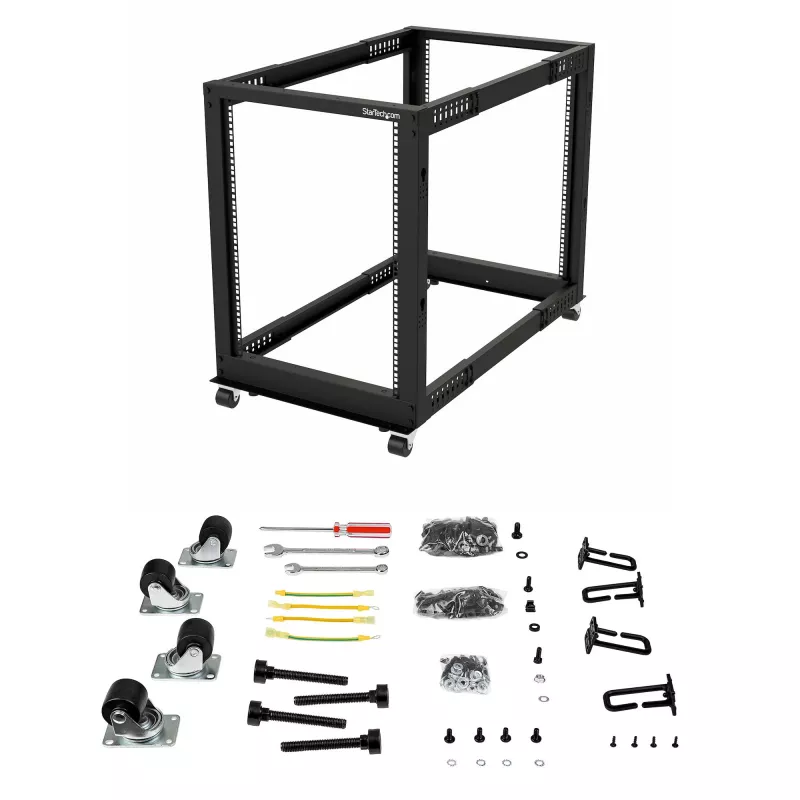 StarTech.com 4-Post 15U Mobiles Open-Frame Server-Rack, Vier-Pfosten 19-Zoll-Netzwerk-Rack mit Rädern, Rollbares Rack mit einstellbarer Tiefe für Computer/AV/Daten/IT-Ausrüstung – Lenkrollen, Nivellierfüße oder Bodenmontage
