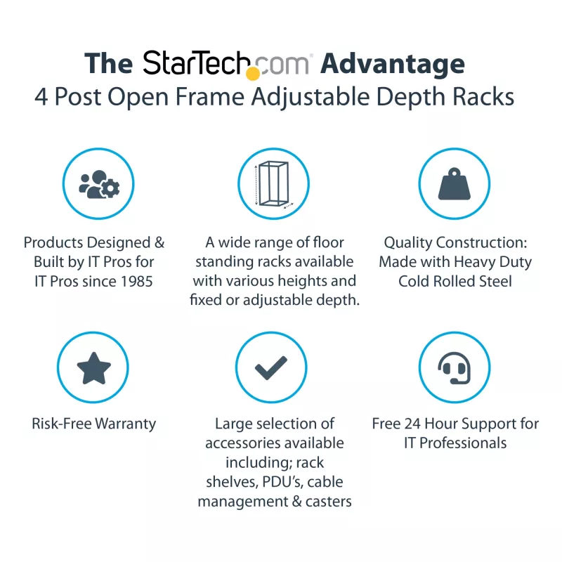 StarTech.com 4-Post 15U Mobiles Open-Frame Server-Rack, Vier-Pfosten 19-Zoll-Netzwerk-Rack mit Rädern, Rollbares Rack mit einstellbarer Tiefe für Computer/AV/Daten/IT-Ausrüstung – Lenkrollen, Nivellierfüße oder Bodenmontage