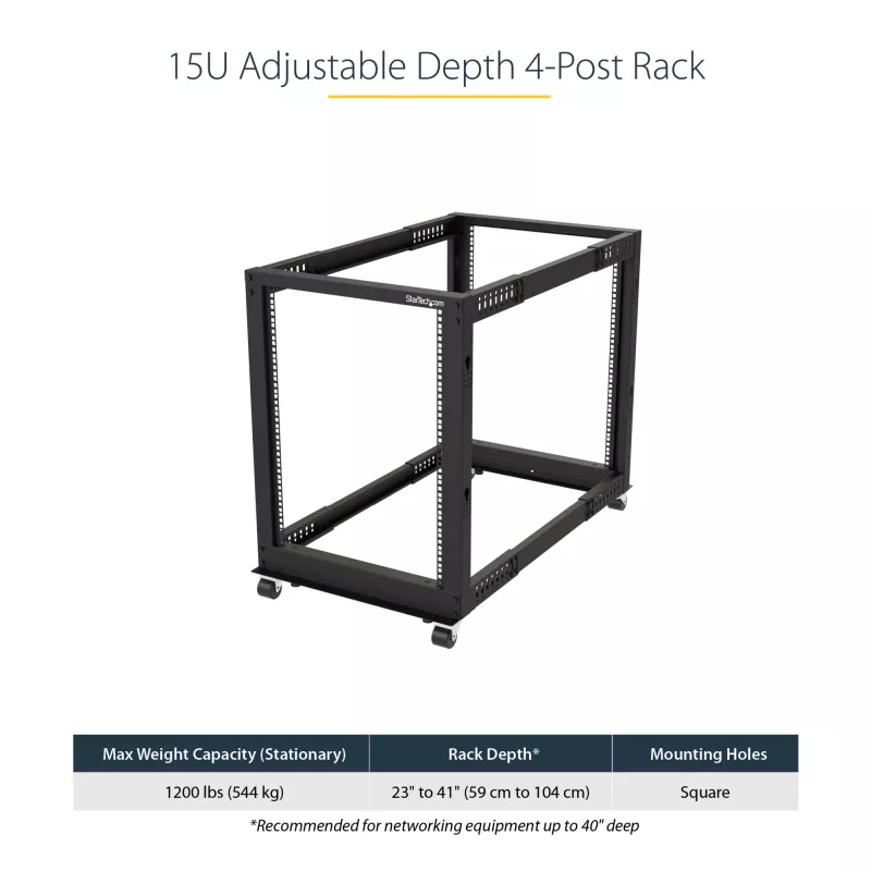 StarTech.com 4-Post 15U Mobiles Open-Frame Server-Rack, Vier-Pfosten 19-Zoll-Netzwerk-Rack mit Rädern, Rollbares Rack mit einstellbarer Tiefe für Computer/AV/Daten/IT-Ausrüstung – Lenkrollen, Nivellierfüße oder Bodenmontage