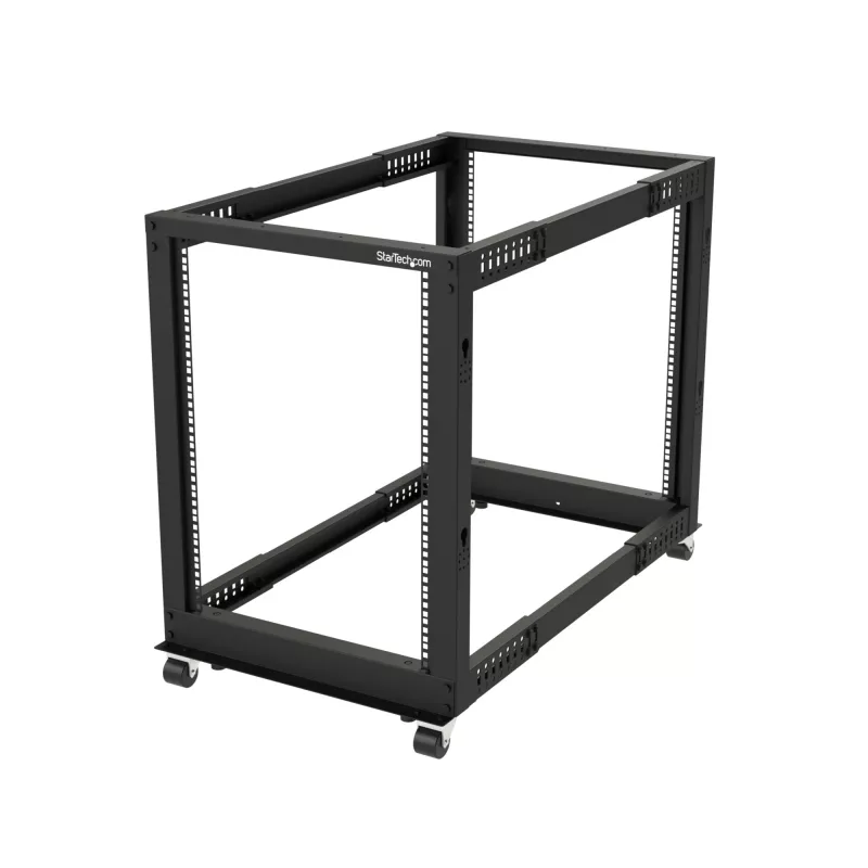 StarTech.com 4-Post 15U Mobiles Open-Frame Server-Rack, Vier-Pfosten 19-Zoll-Netzwerk-Rack mit Rädern, Rollbares Rack mit einstellbarer Tiefe für Computer/AV/Daten/IT-Ausrüstung – Lenkrollen, Nivellierfüße oder Bodenmontage
