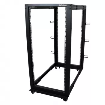 StarTech.com 4-Post 25U Mobiles Open-Frame-Server-Rack, Vier-Pfosten-19-Zoll-Netzwerk-Rack mit Rädern, Rollbares Rack mit einstellbarer Tiefe für Computer-/AV-/Daten-/IT-Ausrüstung – Rollen, Nivellierfüße oder Bodenmontage