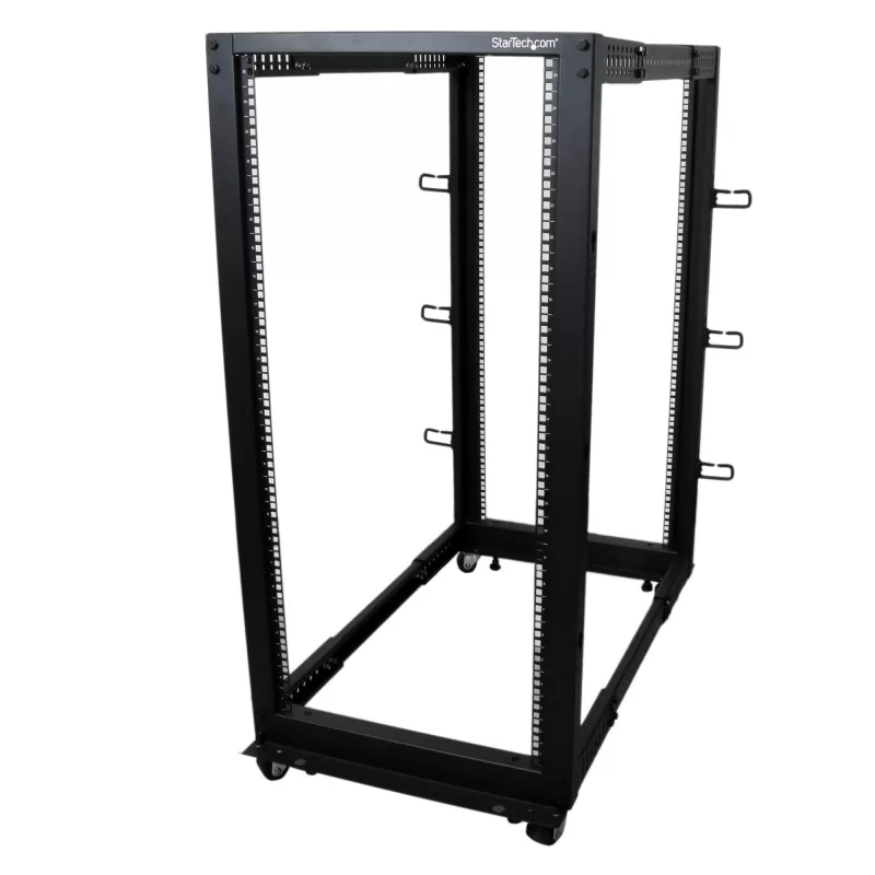 StarTech.com 4-Post 25U Mobiles Open-Frame-Server-Rack, Vier-Pfosten-19-Zoll-Netzwerk-Rack mit Rädern, Rollbares Rack mit einstellbarer Tiefe für Computer-/AV-/Daten-/IT-Ausrüstung – Rollen, Nivellierfüße oder Bodenmontage