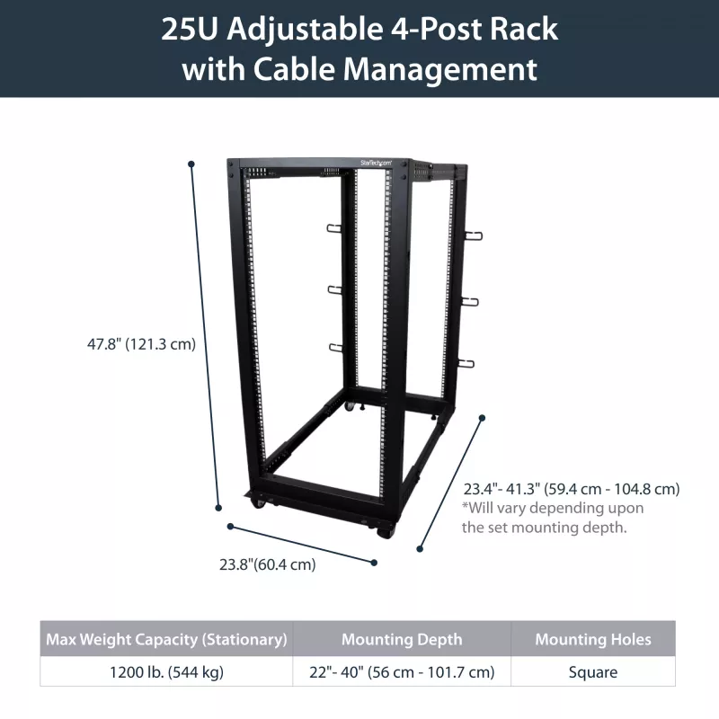 StarTech.com 4-Post 25U Mobiles Open-Frame-Server-Rack, Vier-Pfosten-19-Zoll-Netzwerk-Rack mit Rädern, Rollbares Rack mit einstellbarer Tiefe für Computer-/AV-/Daten-/IT-Ausrüstung – Rollen, Nivellierfüße oder Bodenmontage