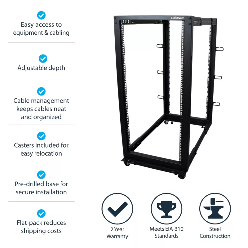StarTech.com 4-Post 25U Mobiles Open-Frame-Server-Rack, Vier-Pfosten-19-Zoll-Netzwerk-Rack mit Rädern, Rollbares Rack mit einstellbarer Tiefe für Computer-/AV-/Daten-/IT-Ausrüstung – Rollen, Nivellierfüße oder Bodenmontage
