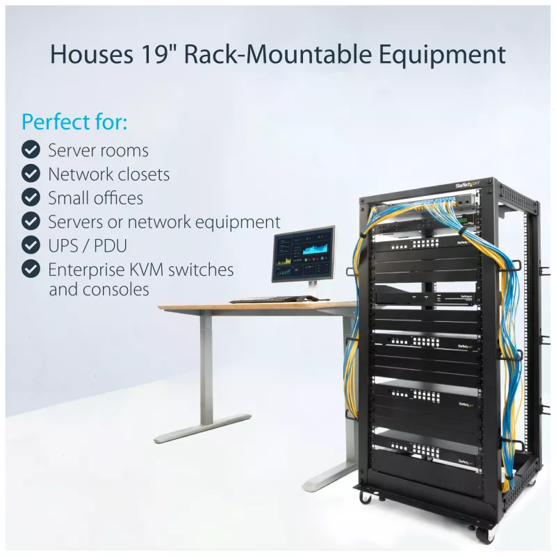 StarTech.com 4-Post 25U Mobiles Open-Frame-Server-Rack, Vier-Pfosten-19-Zoll-Netzwerk-Rack mit Rädern, Rollbares Rack mit einstellbarer Tiefe für Computer-/AV-/Daten-/IT-Ausrüstung – Rollen, Nivellierfüße oder Bodenmontage