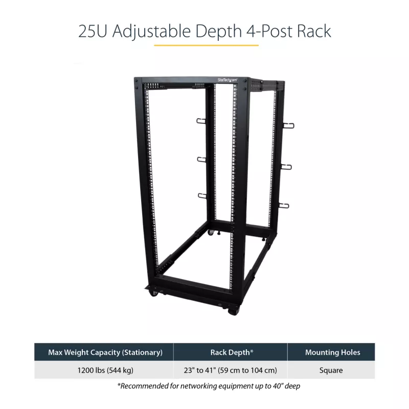 StarTech.com 4-Post 25U Mobiles Open-Frame-Server-Rack, Vier-Pfosten-19-Zoll-Netzwerk-Rack mit Rädern, Rollbares Rack mit einstellbarer Tiefe für Computer-/AV-/Daten-/IT-Ausrüstung – Rollen, Nivellierfüße oder Bodenmontage
