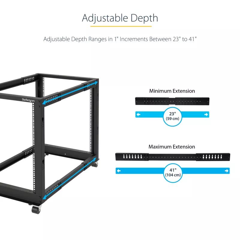 StarTech.com 4-Post 25U Mobiles Open-Frame-Server-Rack, Vier-Pfosten-19-Zoll-Netzwerk-Rack mit Rädern, Rollbares Rack mit einstellbarer Tiefe für Computer-/AV-/Daten-/IT-Ausrüstung – Rollen, Nivellierfüße oder Bodenmontage