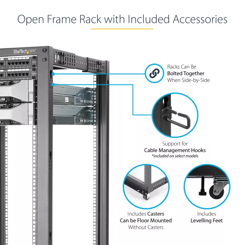 StarTech.com 4-Post 25U Mobiles Open-Frame-Server-Rack, Vier-Pfosten-19-Zoll-Netzwerk-Rack mit Rädern, Rollbares Rack mit einstellbarer Tiefe für Computer-/AV-/Daten-/IT-Ausrüstung – Rollen, Nivellierfüße oder Bodenmontage