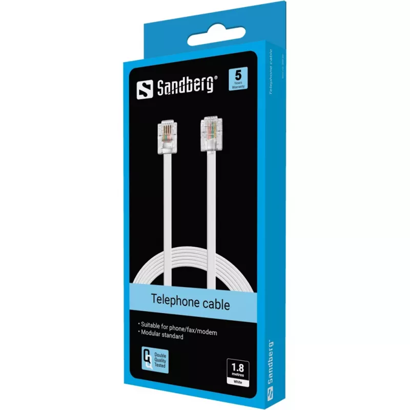 Sandberg Telefonkabel RJ11-RJ11 1,8 m, 1,8 m, RJ11, RJ11, Stecker, Stecker, Weiß