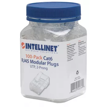 Intellinet RJ45 Modularstecker, Cat6, UTP, 2-zinkig, für Litzenleiter, 15 µ vergoldete Kontakte, 100er-Pack