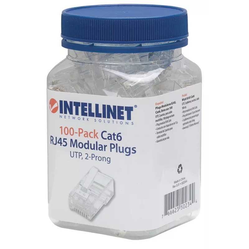 Intellinet RJ45 Modularstecker, Cat6, UTP, 2-zinkig, für Litzenleiter, 15 µ vergoldete Kontakte, 100er-Pack