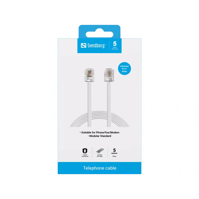 Sandberg Telefonkabel RJ11-RJ11 5 m, 5 m, RJ11, RJ11, Stecker, Stecker, Weiß