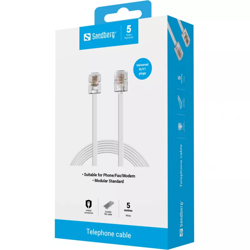 Sandberg Telefonkabel RJ11-RJ11 5 m, 5 m, RJ11, RJ11, Stecker, Stecker, Weiß