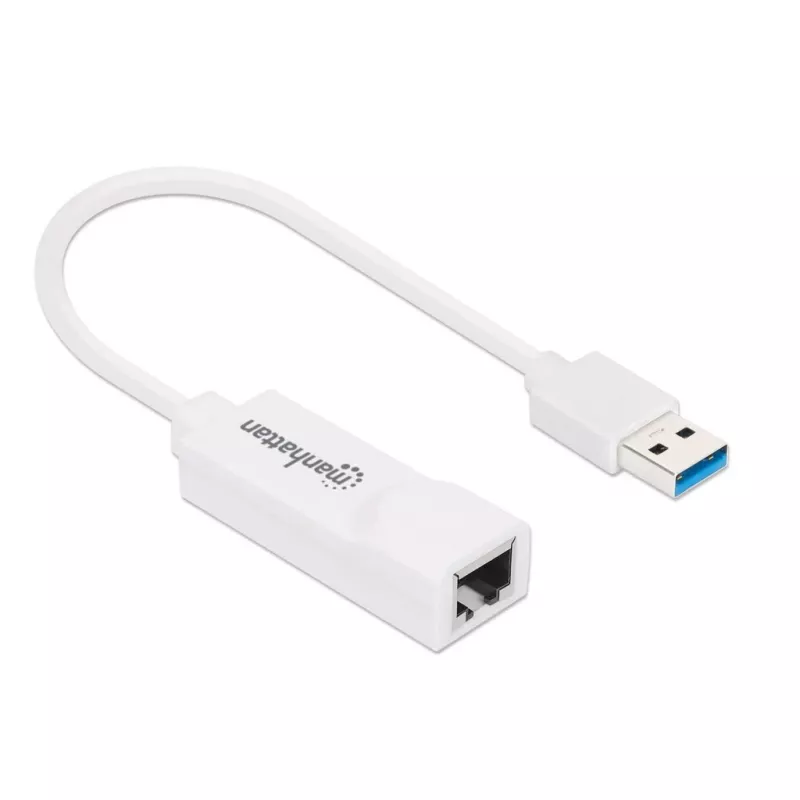 Manhattan USB-A Gigabit Netzwerkadapter, Weiß, 10/100/1000 Mbit/s Netzwerk, USB 3.0, Ethernet, RJ45, drei Jahre Garantie, entspricht USB31000SW.