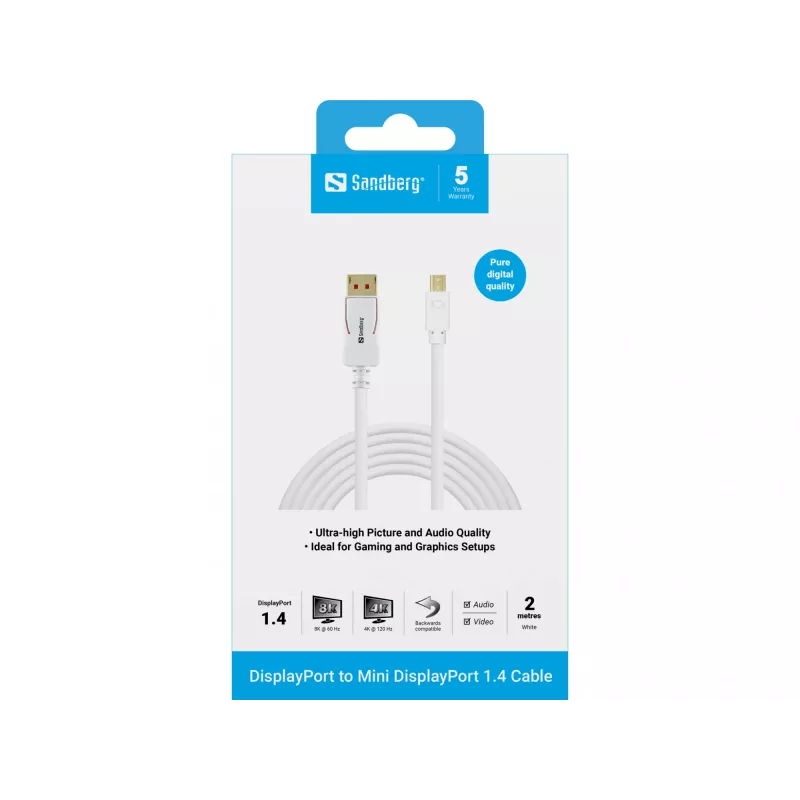 Sandberg DP-MiniDP 1.4 8K60Hz 2m, 2 m, DisplayPort, Mini DisplayPort, Stecker, Stecker, 7680 x 4320 Pixel