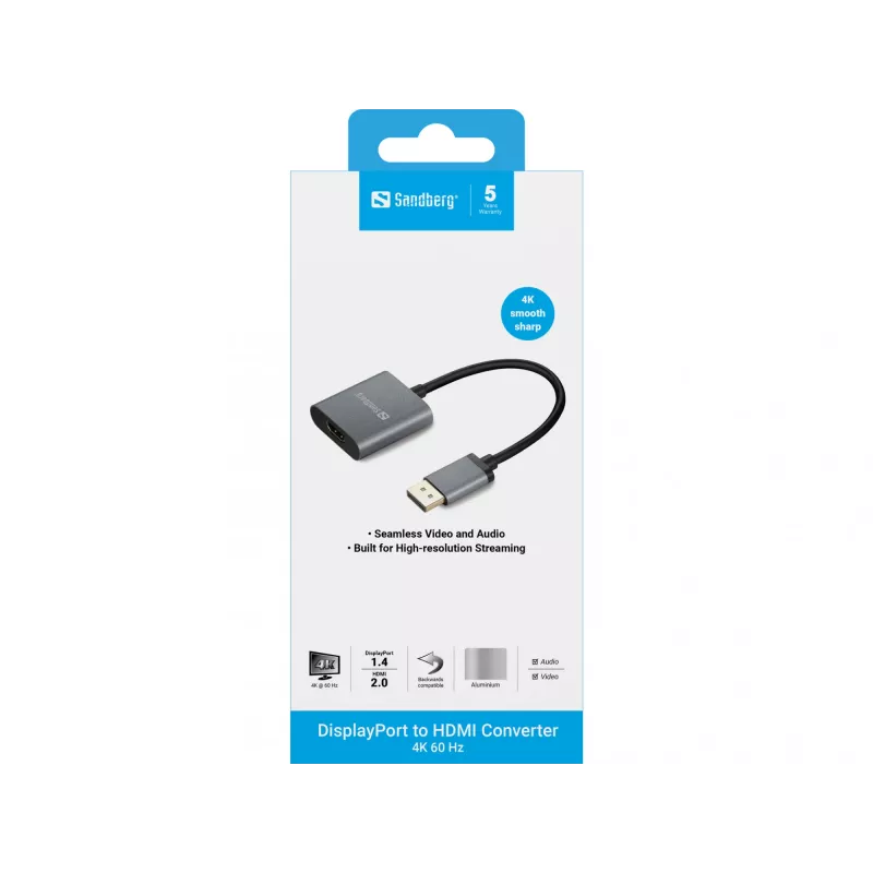 Sandberg DisplayPort 1.4 auf HDMI 2.0 4K Adapter, DisplayPort, HDMI Typ A (Standard), Stecker, Buchse, 3840 x 2160 Pixel, 6 Gbit/s