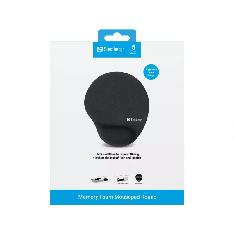 Sandberg Memory Foam Mauspad Rund, Schwarz, Einfarbig, Memory-Schaum, Handgelenkauflage, Rutschfeste Unterseite