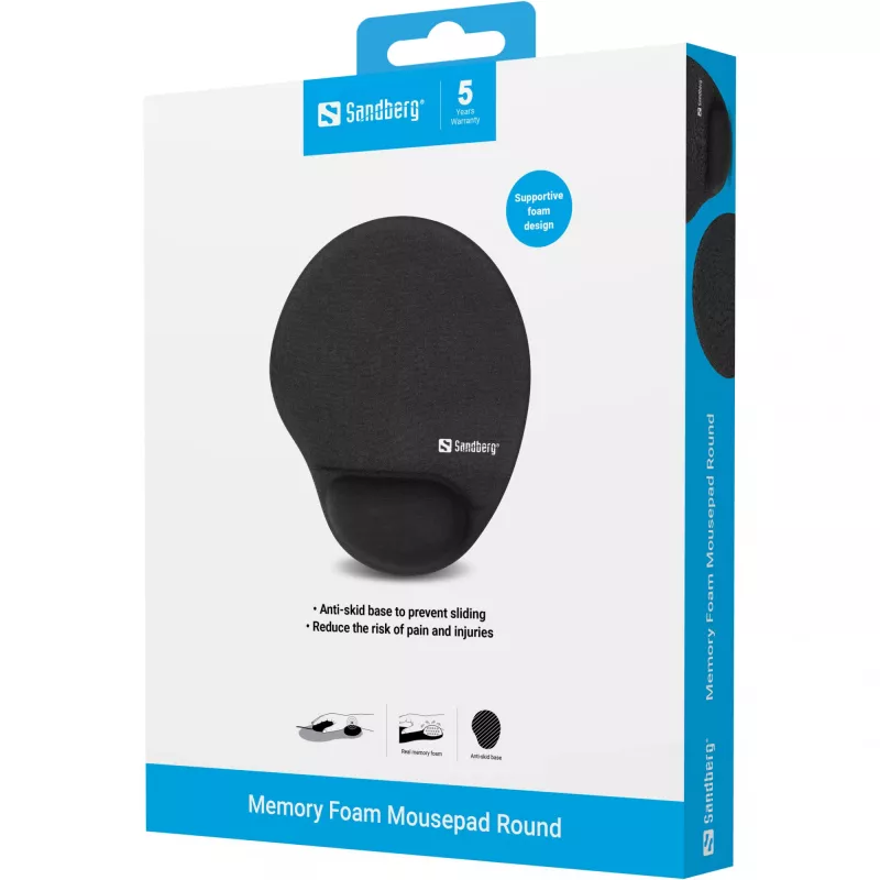 Sandberg Memory Foam Mauspad Rund, Schwarz, Einfarbig, Memory-Schaum, Handgelenkauflage, Rutschfeste Unterseite