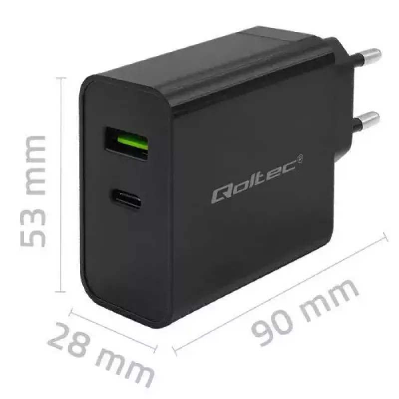 Ladegerät Qoltec 52378 Indoor AC Schnellladegerät 3A USB Type-C Schwarz