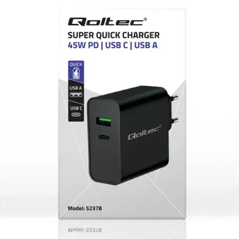 Ladegerät Qoltec 52378 Indoor AC Schnellladegerät 3A USB Type-C Schwarz