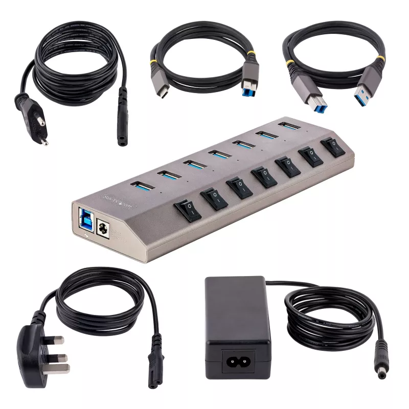 StarTech.com 7-Port selbstversorgter USB-C-Hub mit individuellen Ein-/Ausschaltern, USB 3.0 5Gbps Erweiterungshub mit Netzteil, Desktop/Laptop USB-C zu USB-A Hub, USB Typ C Hub mit BC 1.2