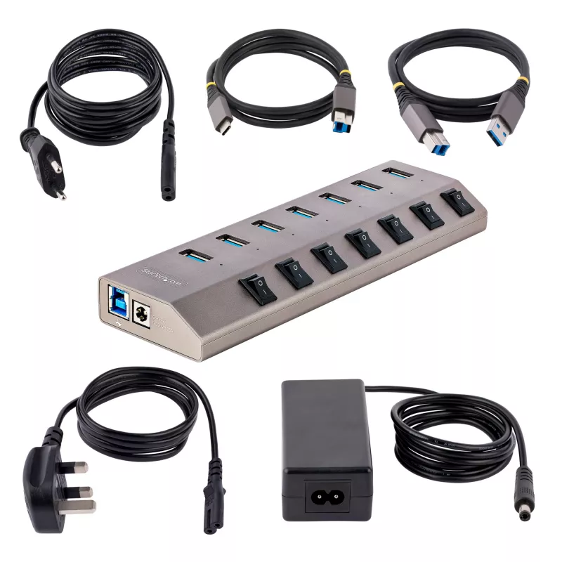 StarTech.com 7-Port selbstversorgter USB-C-Hub mit individuellen Ein-/Ausschaltern, USB 3.0 5Gbps Erweiterungshub mit Netzteil, Desktop/Laptop USB-C zu USB-A Hub, USB Typ C Hub mit BC 1.2