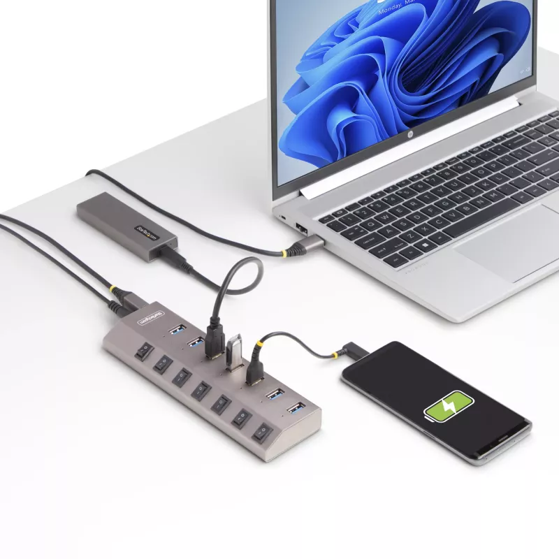 StarTech.com 7-Port selbstversorgter USB-C-Hub mit individuellen Ein-/Ausschaltern, USB 3.0 5Gbps Erweiterungshub mit Netzteil, Desktop/Laptop USB-C zu USB-A Hub, USB Typ C Hub mit BC 1.2