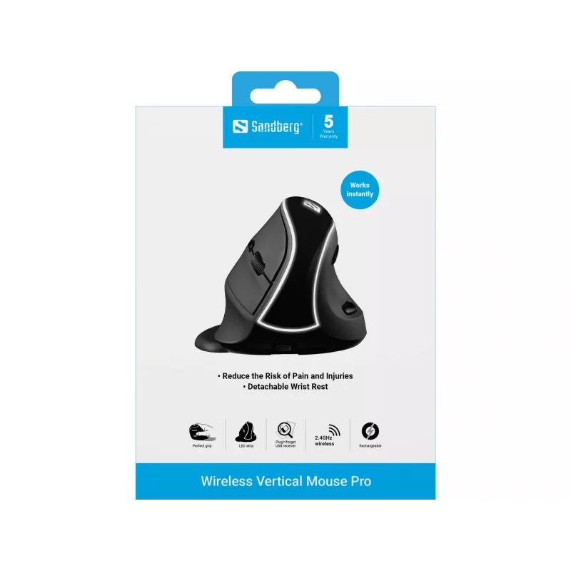 Sandberg Wireless Vertical Maus Pro, Rechtshänder, Vertikales Design, Optisch, RF Wireless, 1600 DPI, Schwarz